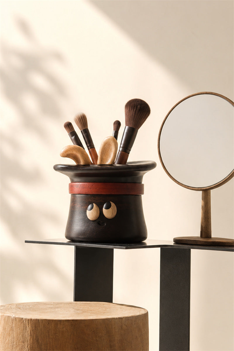 Funny Wood Makeup Brush Holder, Cute Magician Top Hat Pen Holder, Kawaii Cartoon Wooden Vanity Organizer, Rustic Table Decor