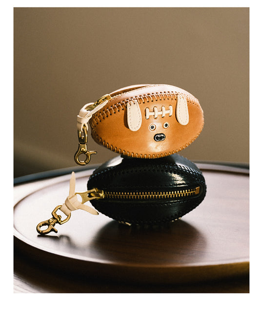 Genuine Leather Key Holder - Football-Shaped Coin Pouch for Keys & Small Essentials