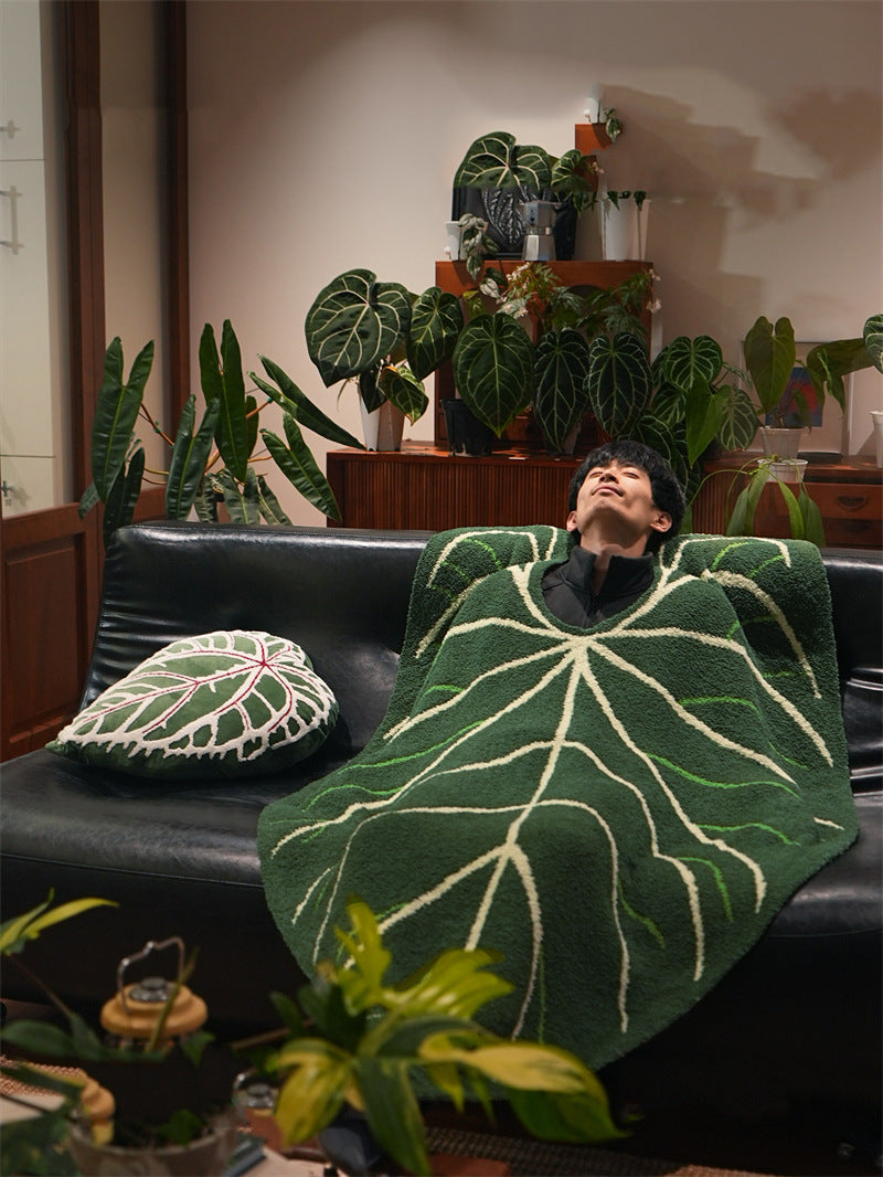 Giant Caladium Leaf Half Flannel Throw Blanket, Soft Fuzzy Tropical Plant Shape Couch Blanket, Cozy Botanical Nap Bed Throw, Aesthetic Home Decor Gift for Plant Lovers