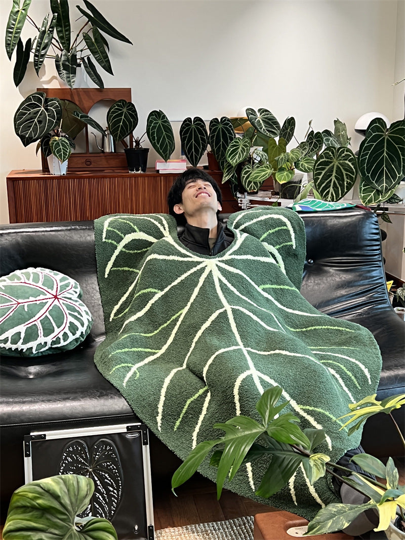 Giant Caladium Leaf Half Flannel Throw Blanket, Soft Fuzzy Tropical Plant Shape Couch Blanket, Cozy Botanical Nap Bed Throw, Aesthetic Home Decor Gift for Plant Lovers