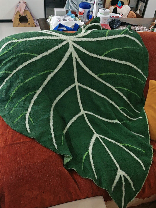 Giant Caladium Leaf Half Flannel Throw Blanket, Soft Fuzzy Tropical Plant Shape Couch Blanket, Cozy Botanical Nap Bed Throw, Aesthetic Home Decor Gift for Plant Lovers