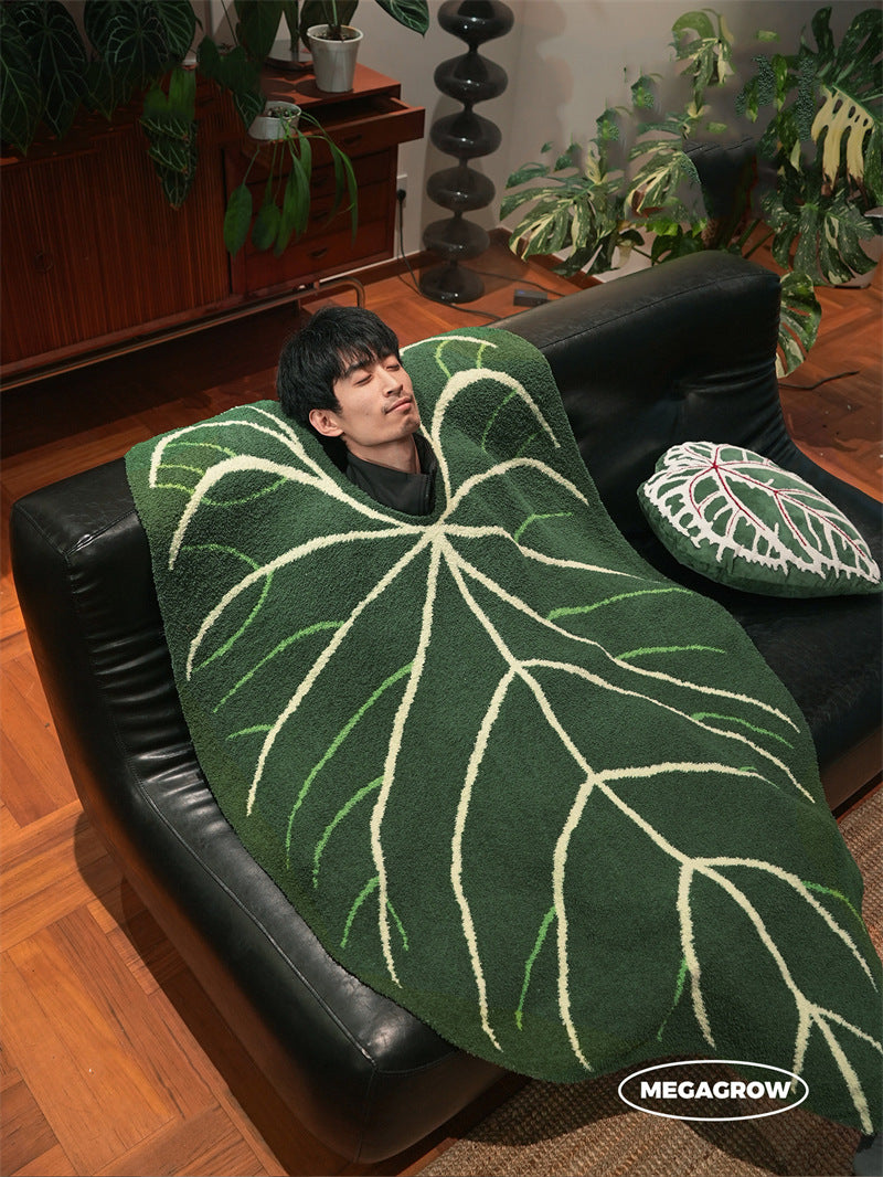 Giant Caladium Leaf Half Flannel Throw Blanket, Soft Fuzzy Tropical Plant Shape Couch Blanket, Cozy Botanical Nap Bed Throw, Aesthetic Home Decor Gift for Plant Lovers