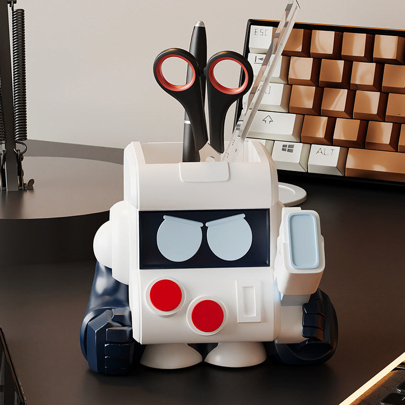 Grumpy Face Cartoon Resin Robot Pen Holder&Stationery Organizer, Kawaii Retro Robot Desk Caddy for Pencils Markers Scissors