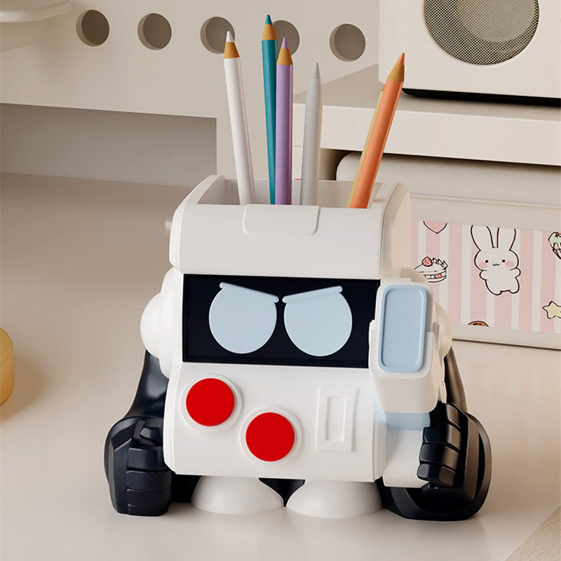 Grumpy Face Cartoon Resin Robot Pen Holder&Stationery Organizer, Kawaii Retro Robot Desk Caddy for Pencils Markers Scissors
