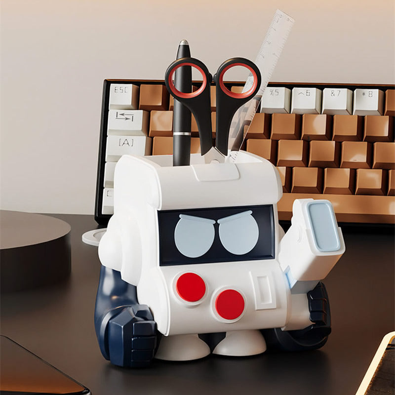 Grumpy Face Cartoon Resin Robot Pen Holder&Stationery Organizer, Kawaii Retro Robot Desk Caddy for Pencils Markers Scissors