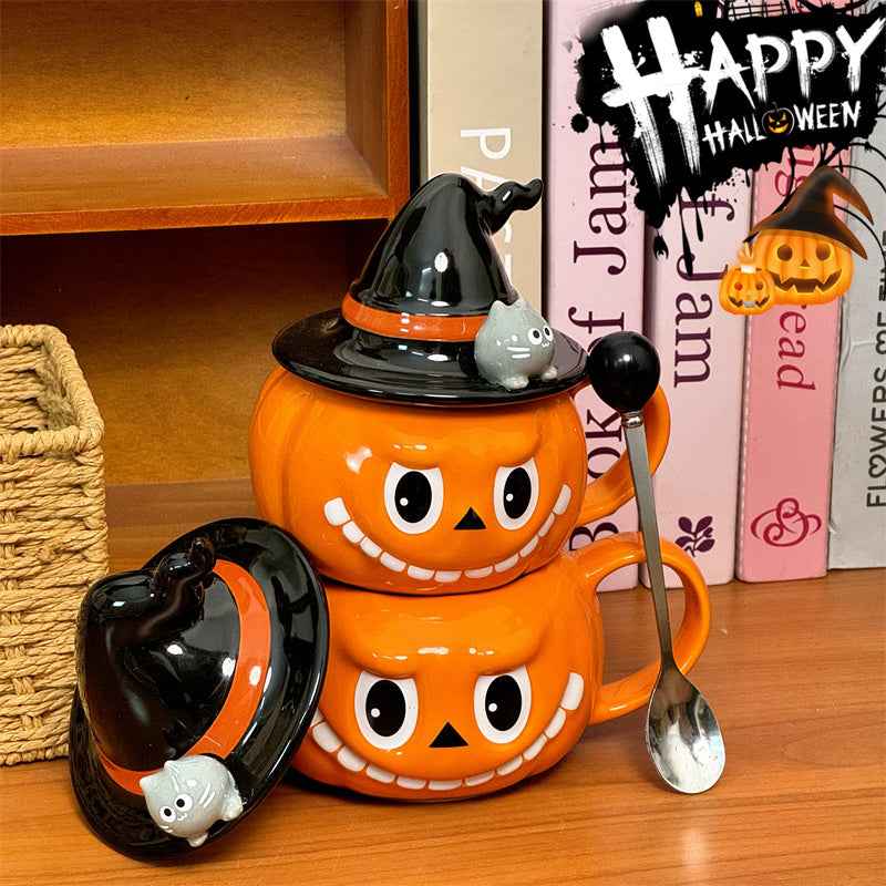 Halloween Pumpkin - Shaped Ceramic Mug with Witch Hat Lid, Cartoon Cat - Accented Drinkware