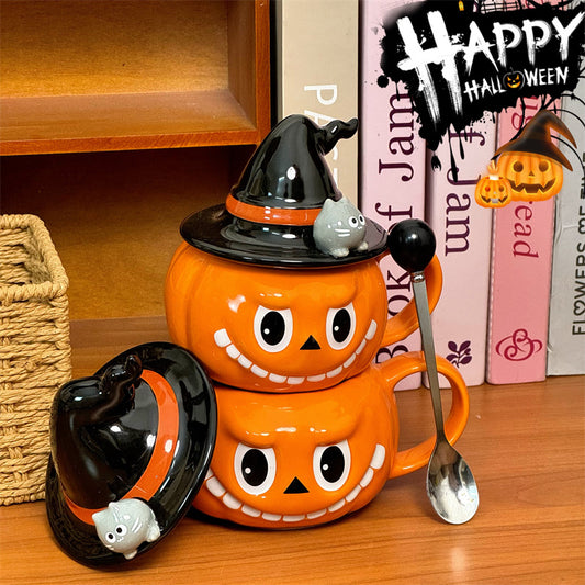 Halloween Pumpkin - Shaped Ceramic Mug with Witch Hat Lid, Cartoon Cat - Accented Drinkware