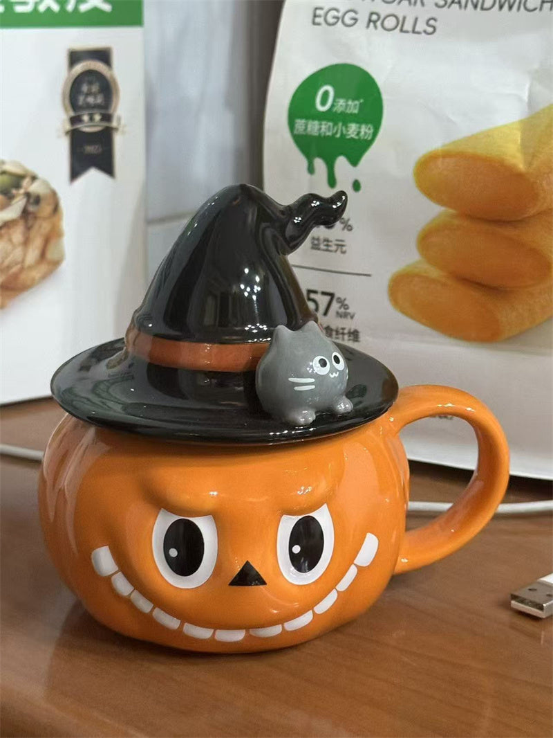 Halloween Pumpkin - Shaped Ceramic Mug with Witch Hat Lid, Cartoon Cat - Accented Drinkware