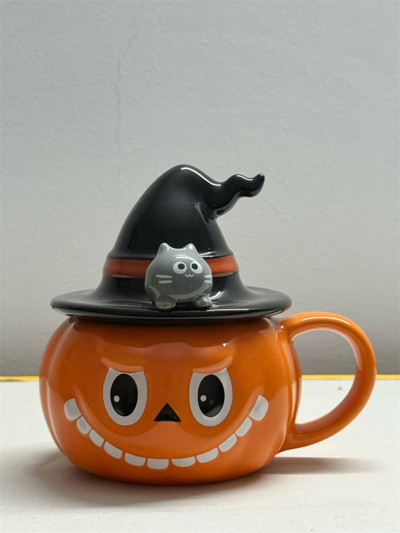Halloween Pumpkin - Shaped Ceramic Mug with Witch Hat Lid, Cartoon Cat - Accented Drinkware