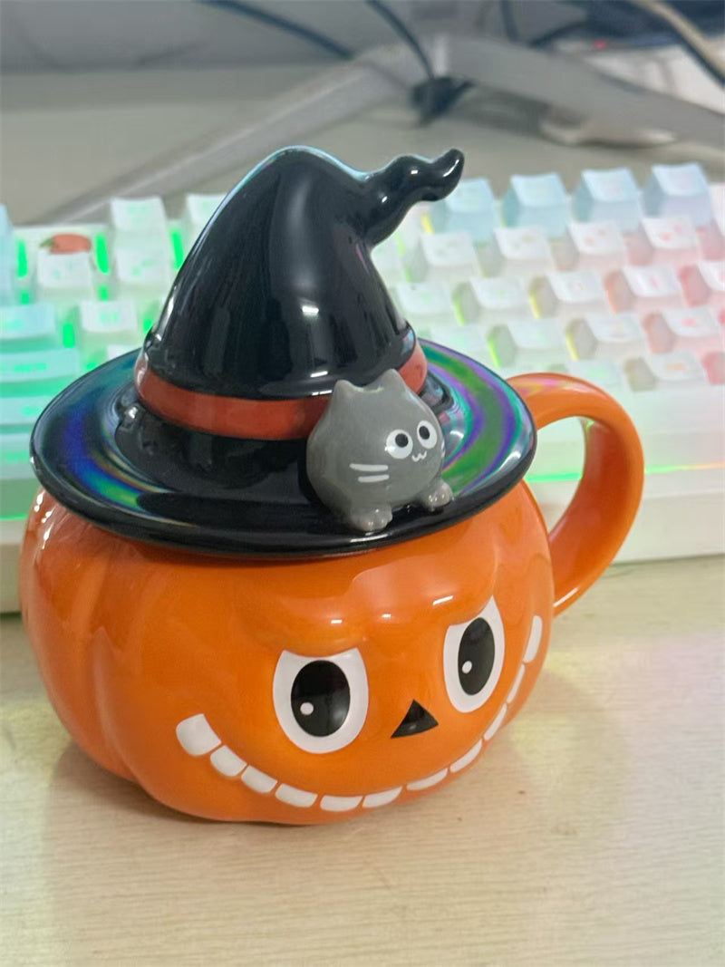 Halloween Pumpkin - Shaped Ceramic Mug with Witch Hat Lid, Cartoon Cat - Accented Drinkware