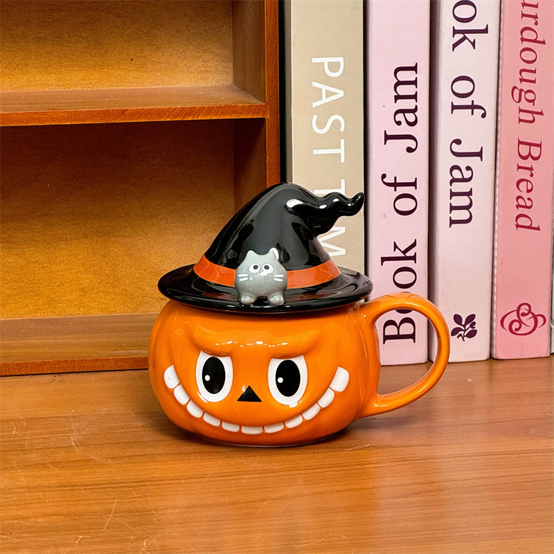 Halloween Pumpkin - Shaped Ceramic Mug with Witch Hat Lid, Cartoon Cat - Accented Drinkware