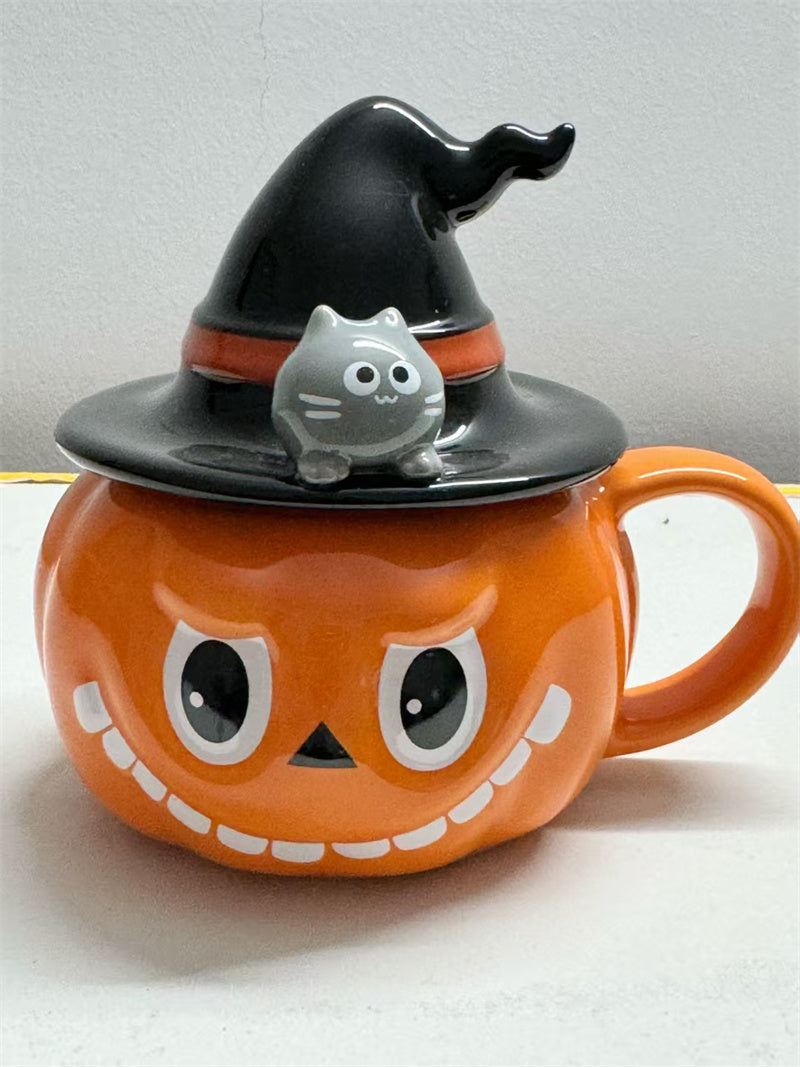 Halloween Pumpkin - Shaped Ceramic Mug with Witch Hat Lid, Cartoon Cat - Accented Drinkware