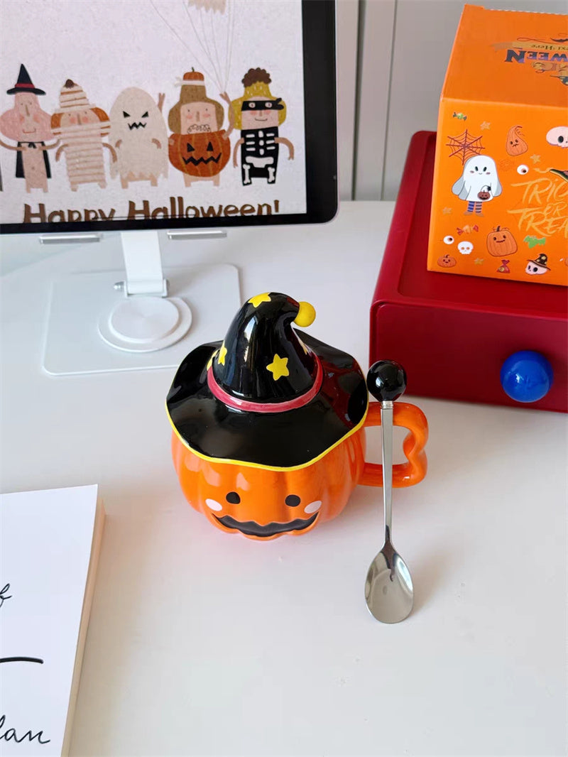 Halloween Pumpkin - Shaped Ceramic Mug with Witch Hat Lid, Cartoon Cat - Accented Drinkware