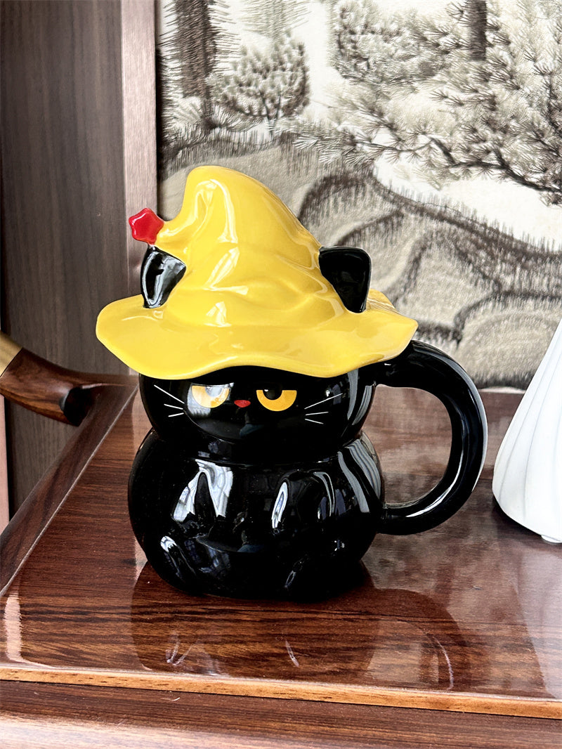 Halloween Witch Cat Ceramic Mug, Cute Cartoon Cat - Shaped Drinkware