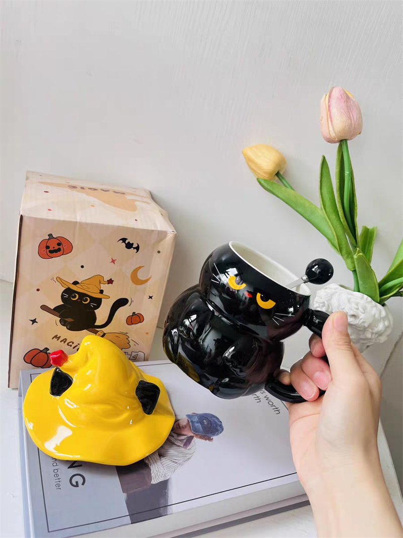 Halloween Witch Cat Ceramic Mug, Cute Cartoon Cat - Shaped Drinkware