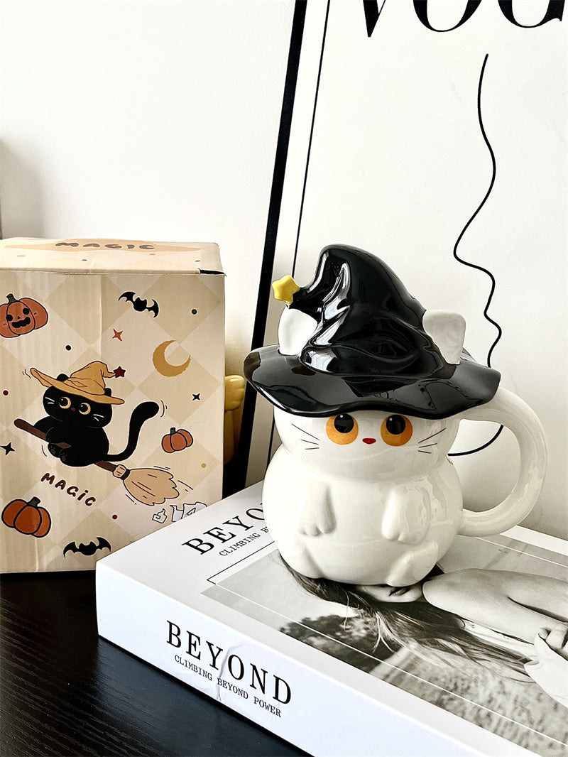 Halloween Witch Cat Ceramic Mug, Cute Cartoon Cat - Shaped Drinkware