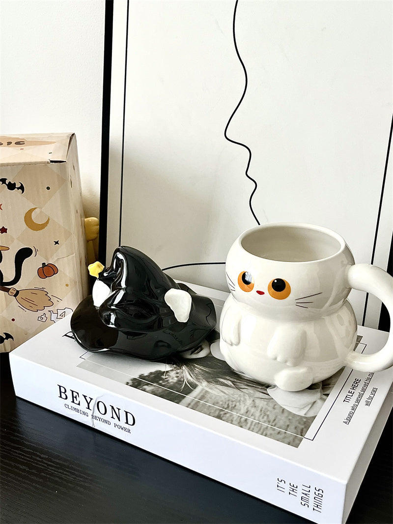 Halloween Witch Cat Ceramic Mug, Cute Cartoon Cat - Shaped Drinkware