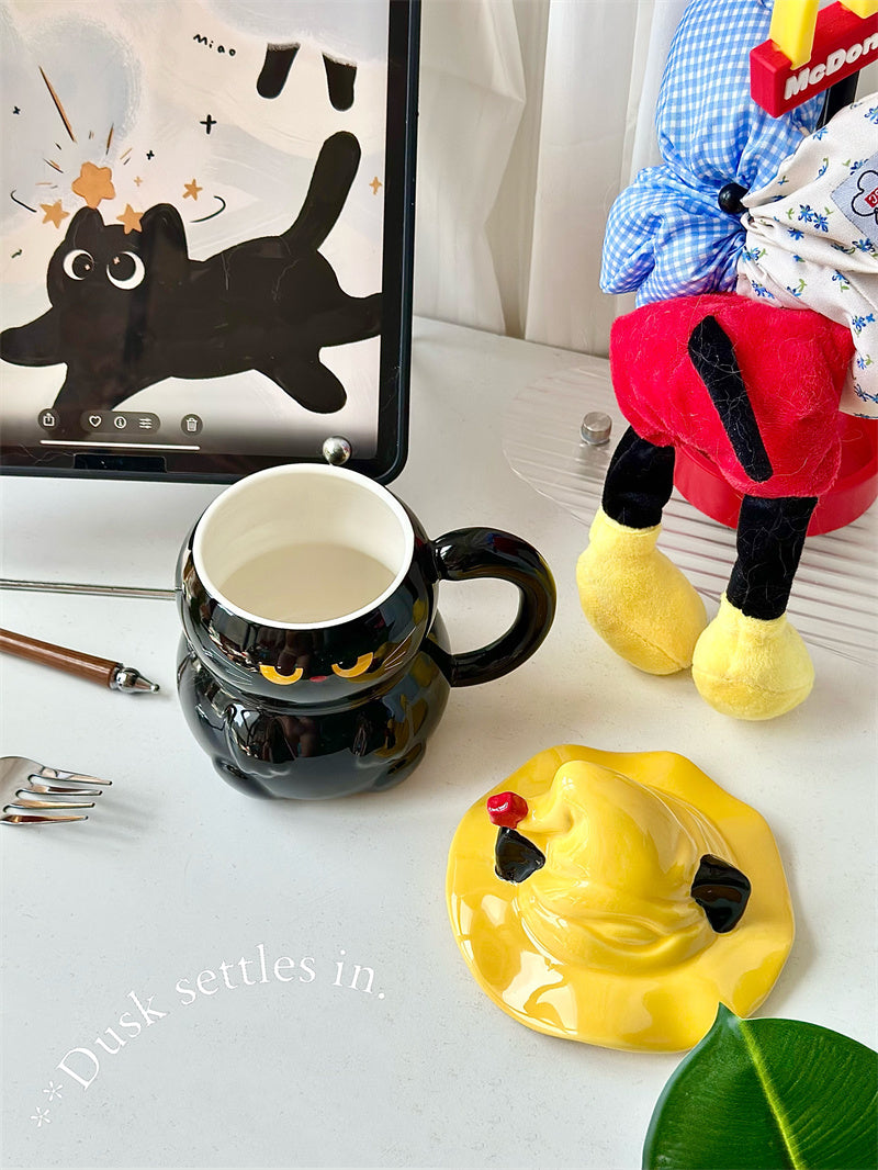 Halloween Witch Cat Ceramic Mug, Cute Cartoon Cat - Shaped Drinkware