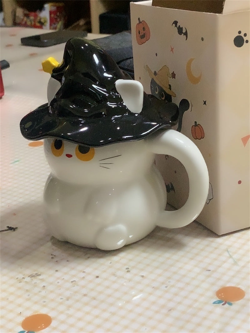 Halloween Witch Cat Ceramic Mug, Cute Cartoon Cat - Shaped Drinkware