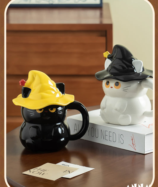 Halloween Witch Cat Ceramic Mug, Cute Cartoon Cat - Shaped Drinkware