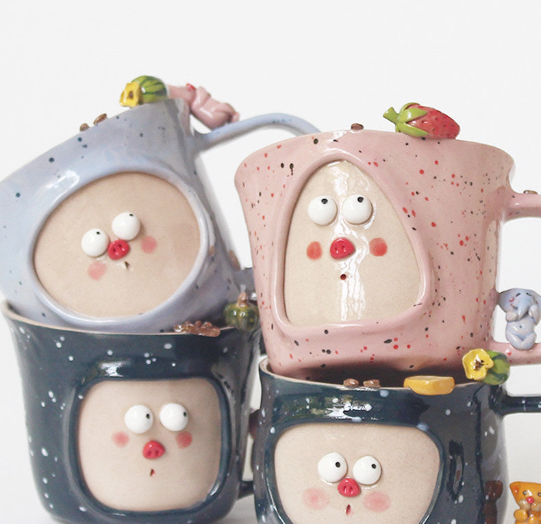 Hand-Painted Cute Face Ceramic Mug Set - 3D Decorative Coffee & Tea Cups