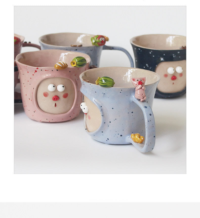 Hand-Painted Cute Face Ceramic Mug Set - 3D Decorative Coffee & Tea Cups