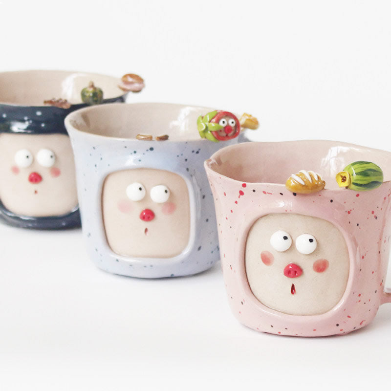 Hand-Painted Cute Face Ceramic Mug Set - 3D Decorative Coffee & Tea Cups