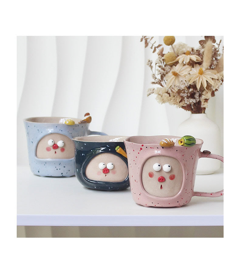 Hand-Painted Cute Face Ceramic Mug Set - 3D Decorative Coffee & Tea Cups
