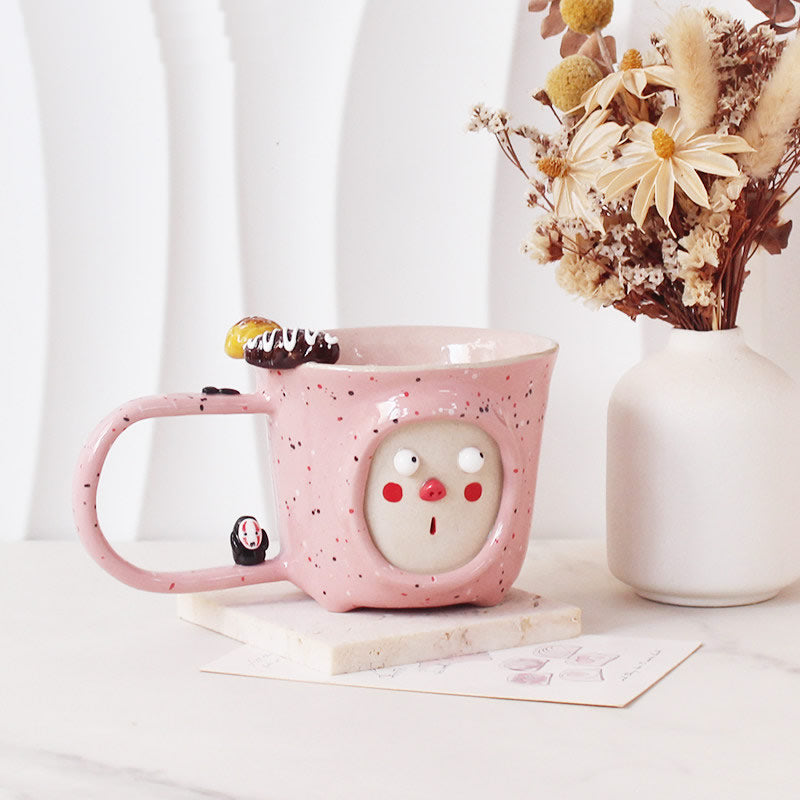 Hand-Painted Cute Face Ceramic Mug Set - 3D Decorative Coffee & Tea Cups
