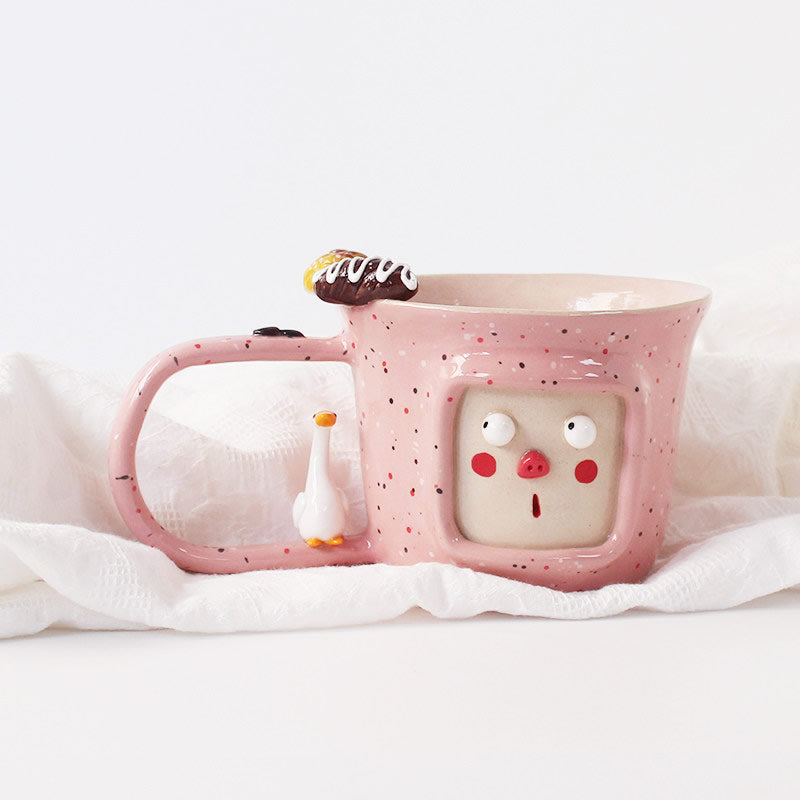 Hand-Painted Cute Face Ceramic Mug Set - 3D Decorative Coffee & Tea Cups