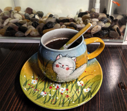 Hand‑Painted Smiling Cat Ceramic Mug , Artisan Floral Field Coffee Tea Cup, Gift for Her
