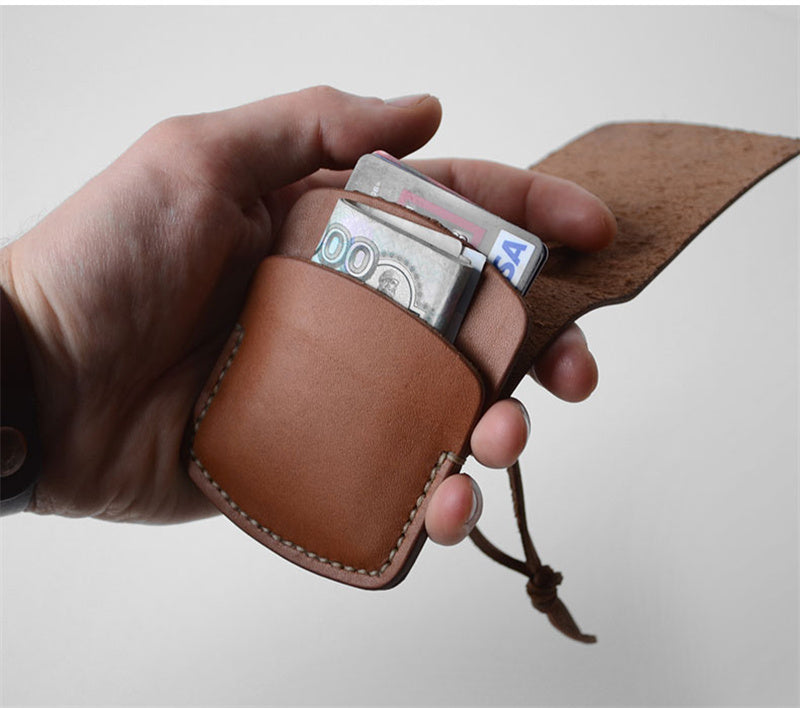 Handmade Cowhide Minimalist Wallet, Vintage Brown Drawstring Card & Cash Holder