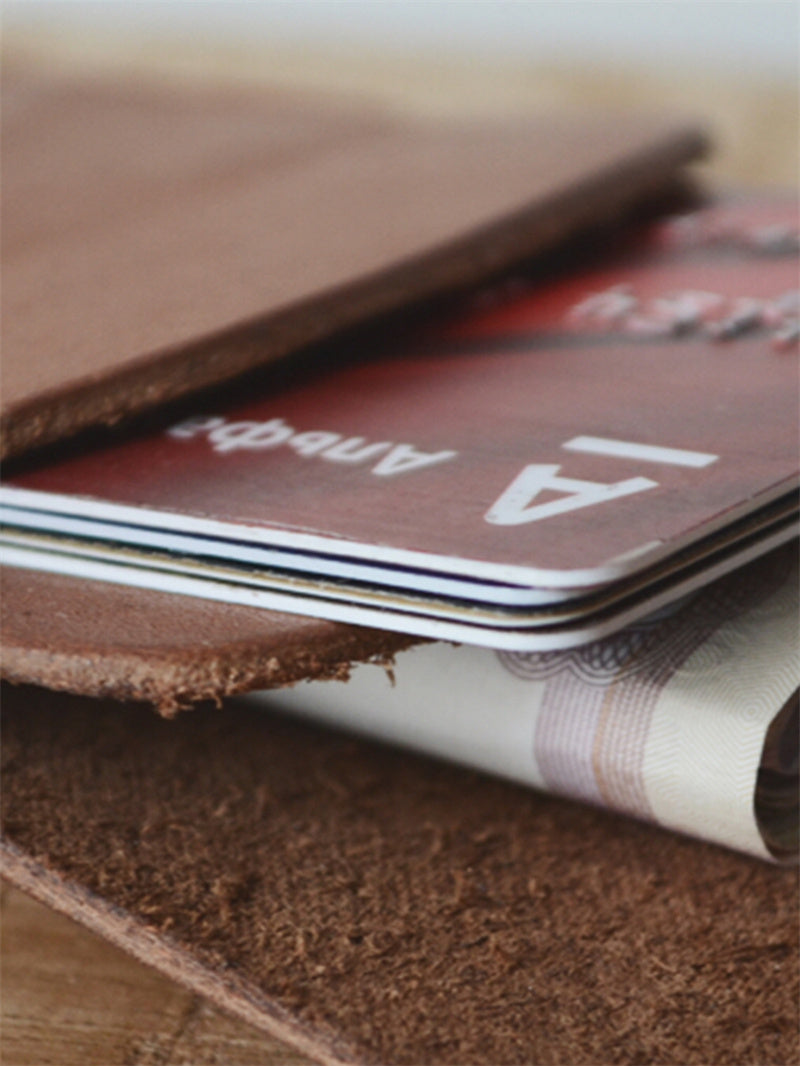 Handmade Cowhide Minimalist Wallet, Vintage Brown Drawstring Card & Cash Holder