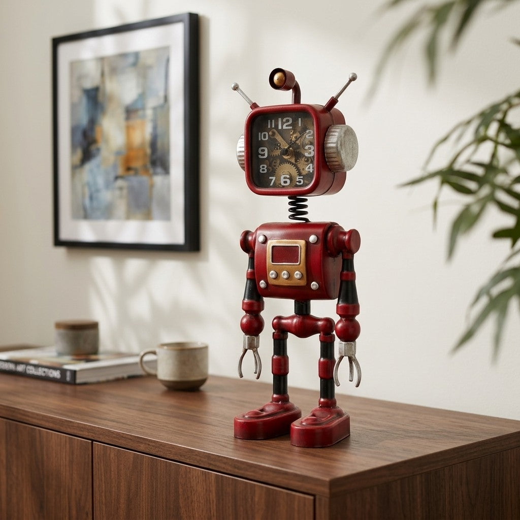Handmade Distressed Solid Iron Robot Figurine Desk Clock, Retro Industrial Steampunk Metal Table Clock with Exposed Gear Dial & Spring Neck