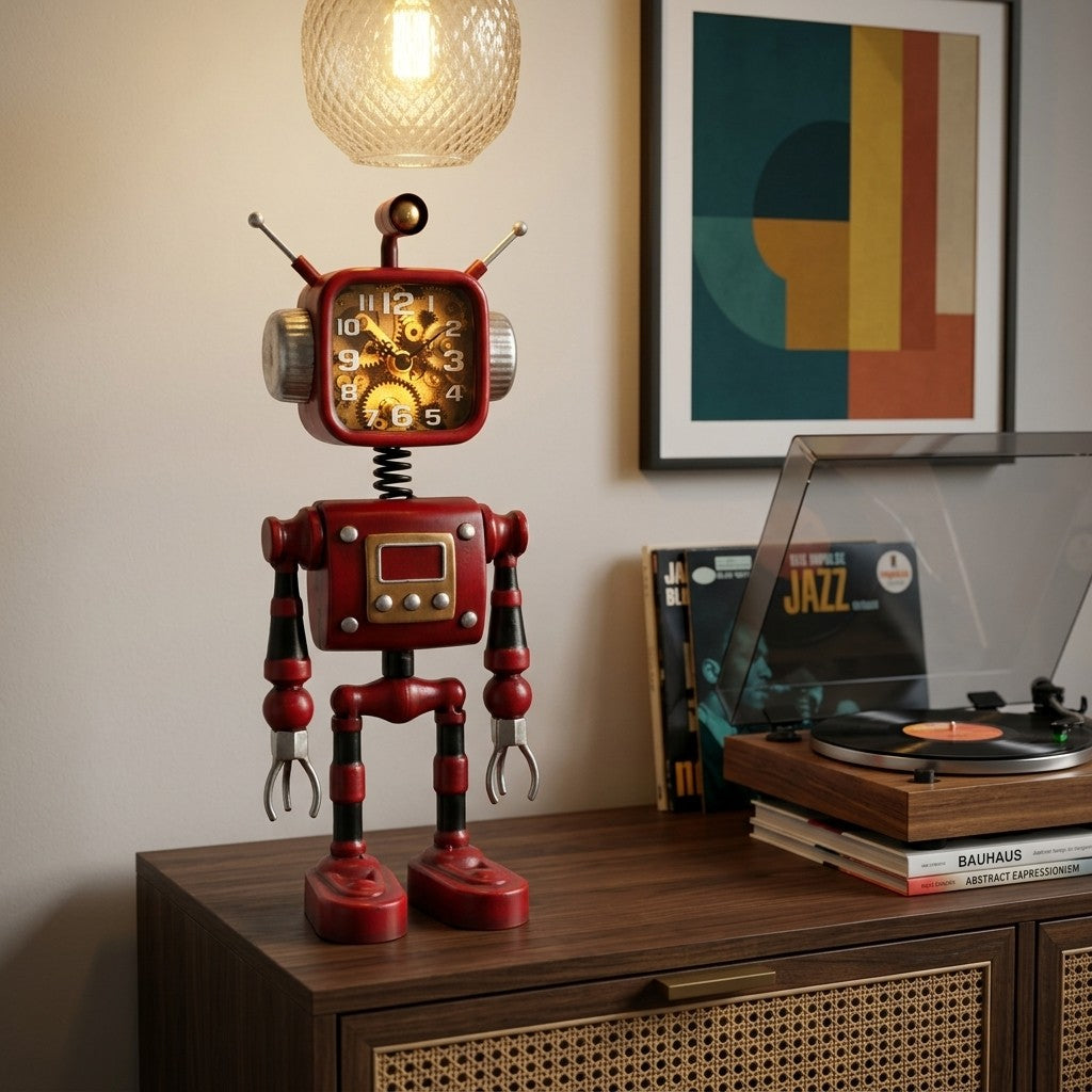 Handmade Distressed Solid Iron Robot Figurine Desk Clock, Retro Industrial Steampunk Metal Table Clock with Exposed Gear Dial & Spring Neck