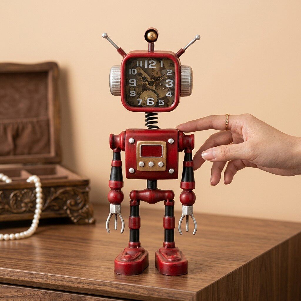 Handmade Distressed Solid Iron Robot Figurine Desk Clock, Retro Industrial Steampunk Metal Table Clock with Exposed Gear Dial & Spring Neck