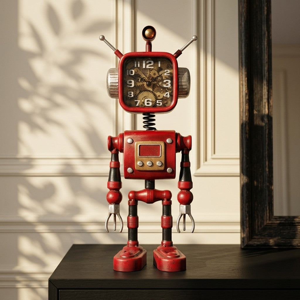 Handmade Distressed Solid Iron Robot Figurine Desk Clock, Retro Industrial Steampunk Metal Table Clock with Exposed Gear Dial & Spring Neck