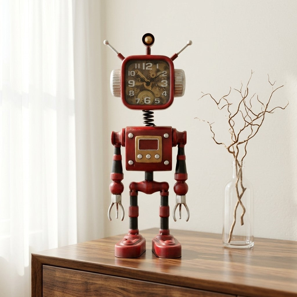 Handmade Distressed Solid Iron Robot Figurine Desk Clock, Retro Industrial Steampunk Metal Table Clock with Exposed Gear Dial & Spring Neck