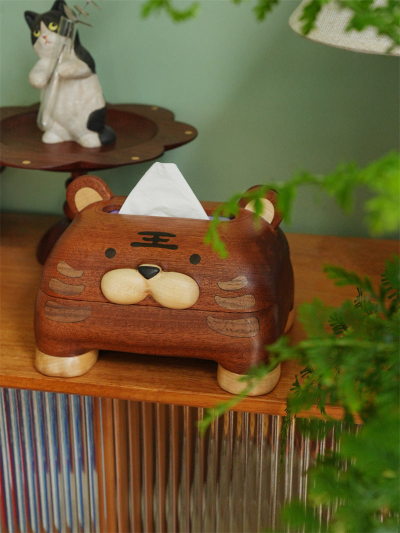 Handmade Solid Wood Cartoon Tiger Tissue Box, Animal Wooden Napkin Dispenser,  Home Table Decor Tissue Holder