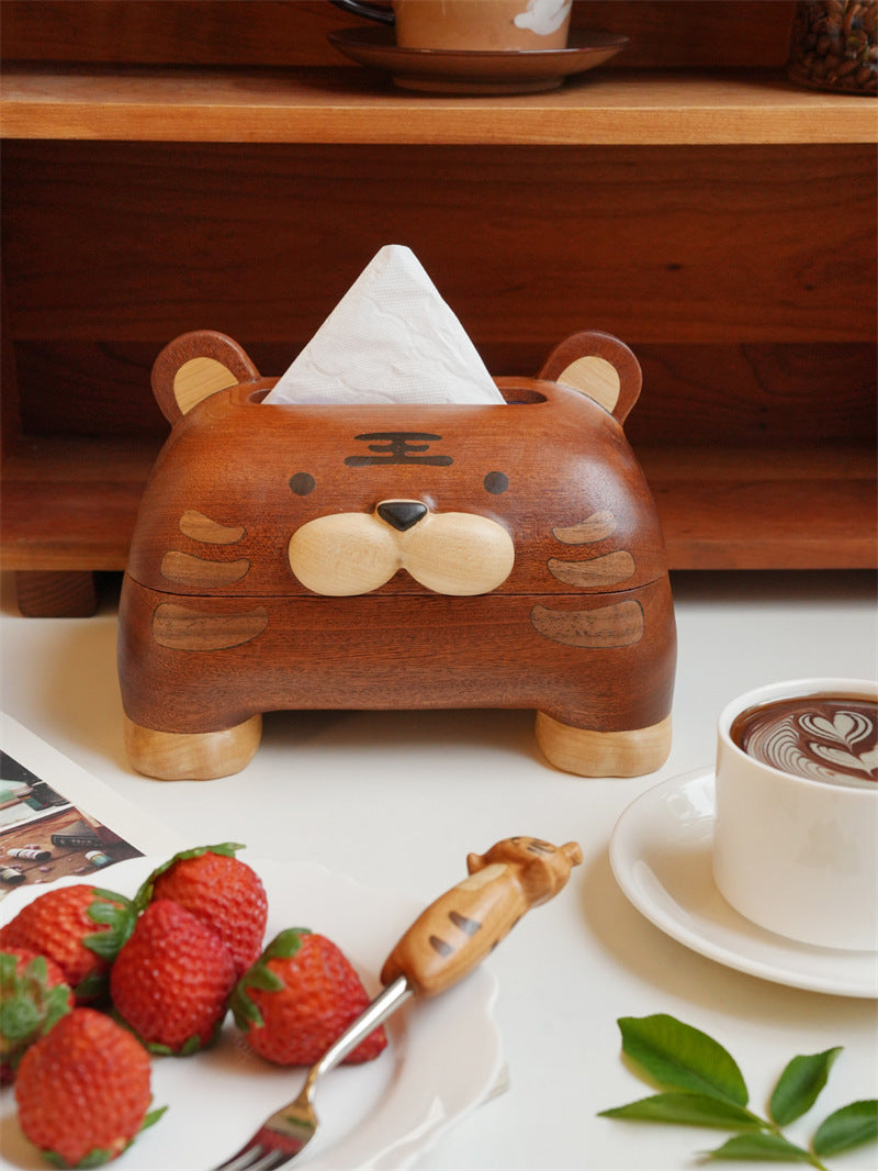 Handmade Solid Wood Cartoon Tiger Tissue Box, Animal Wooden Napkin Dispenser,  Home Table Decor Tissue Holder