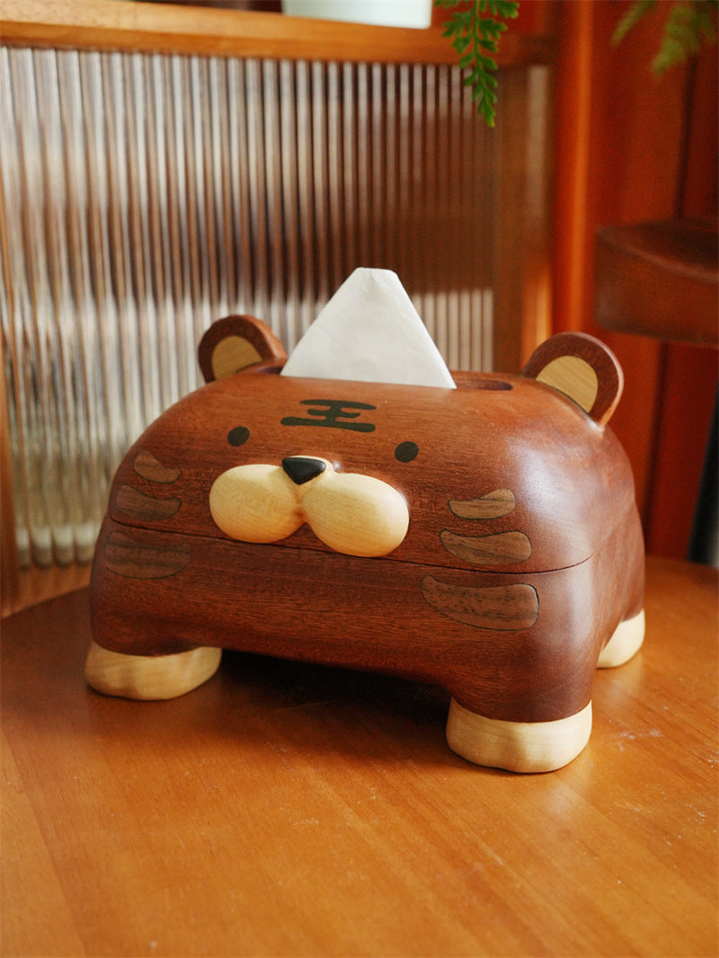 Handmade Solid Wood Cartoon Tiger Tissue Box, Animal Wooden Napkin Dispenser,  Home Table Decor Tissue Holder