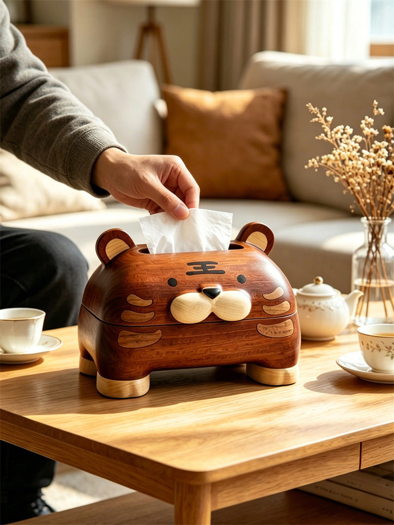 Handmade Solid Wood Cartoon Tiger Tissue Box, Animal Wooden Napkin Dispenser,  Home Table Decor Tissue Holder