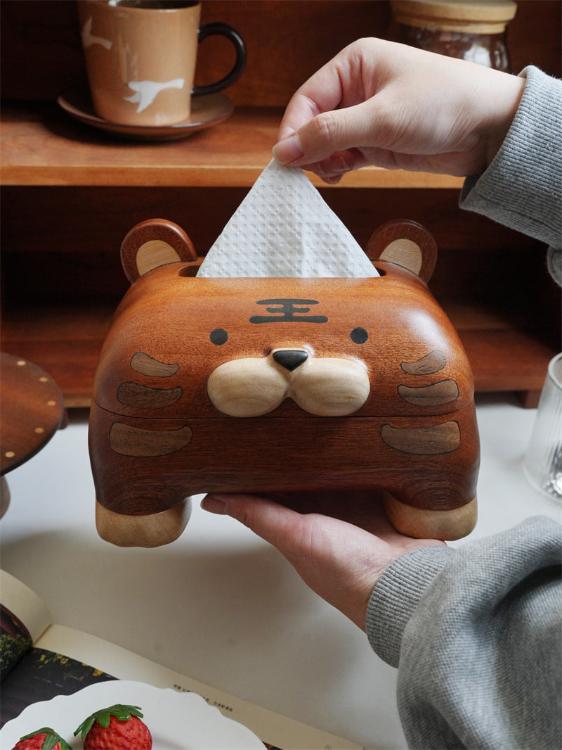 Handmade Solid Wood Cartoon Tiger Tissue Box, Animal Wooden Napkin Dispenser,  Home Table Decor Tissue Holder