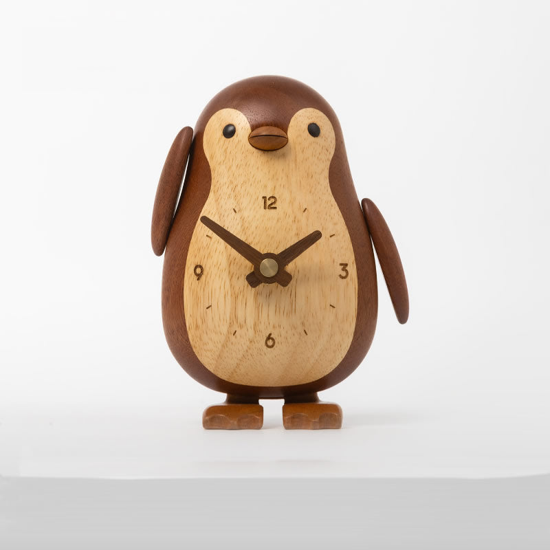 Handmade Two-Tone Wooden Penguin Table Clock, Silent Non-Ticking Analog Clock, Cute Natural Wood Tabletop Decor