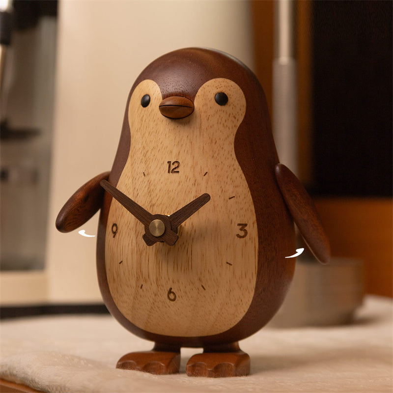 Handmade Two-Tone Wooden Penguin Table Clock, Silent Non-Ticking Analog Clock, Cute Natural Wood Tabletop Decor