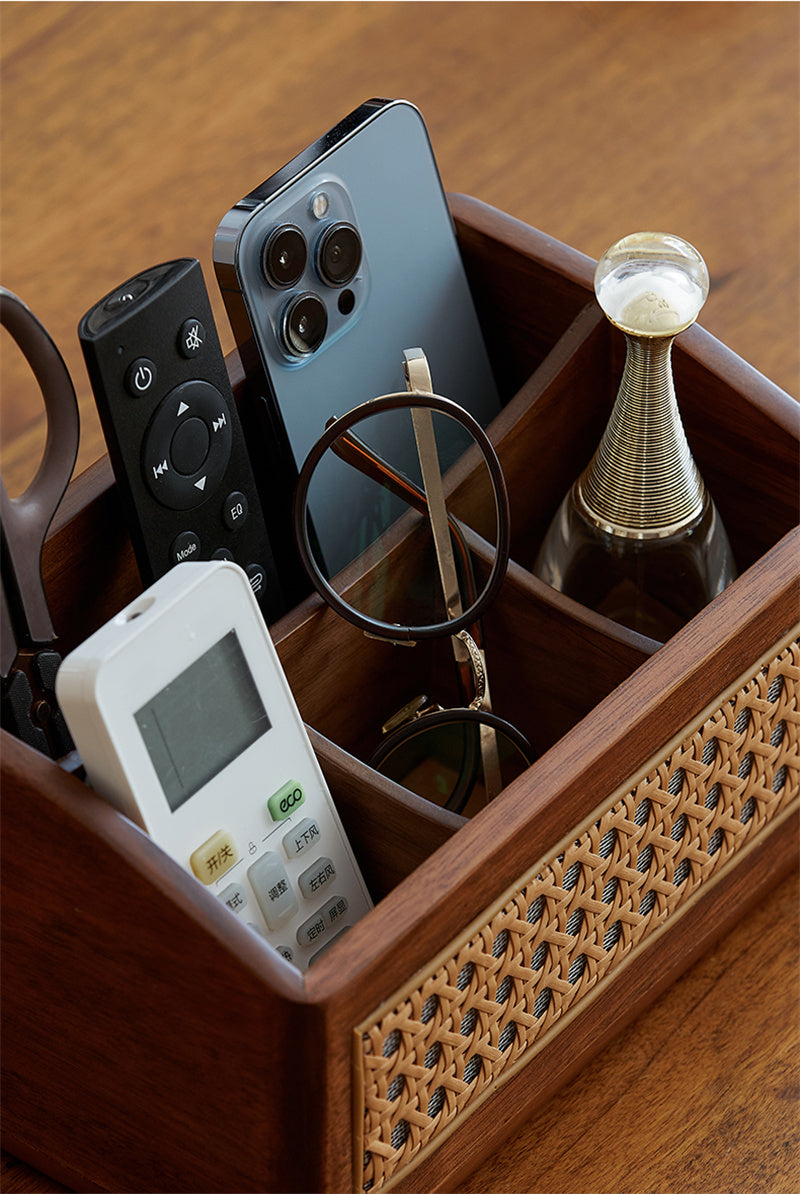 Handmade Wooden Organizer Tray - Rustic Rattan Design with Multi-Compartment Storage