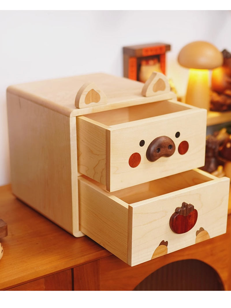 Happy Pig Wooden Desktop Organizer - for Office Supplies, Makeup, Small Items