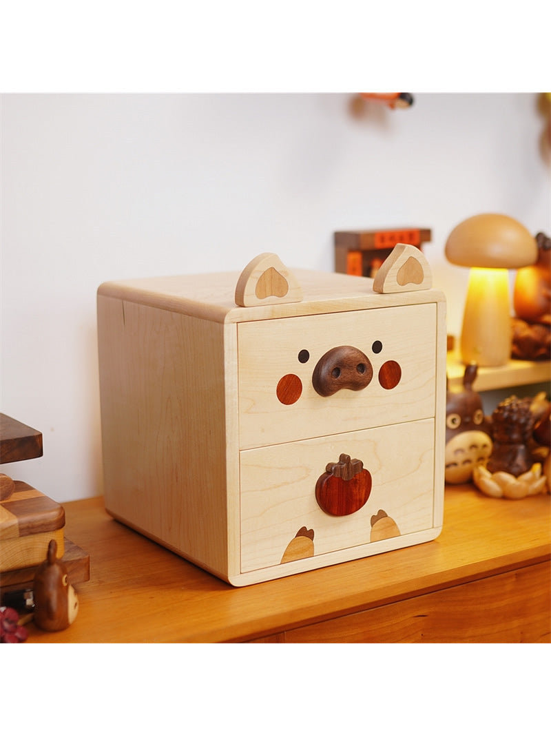 Happy Pig Wooden Desktop Organizer - for Office Supplies, Makeup, Small Items