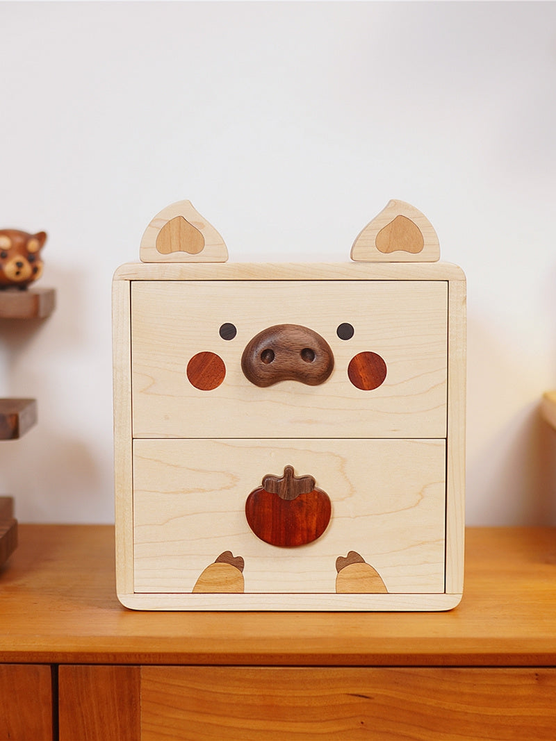 Happy Pig Wooden Desktop Organizer - for Office Supplies, Makeup, Small Items