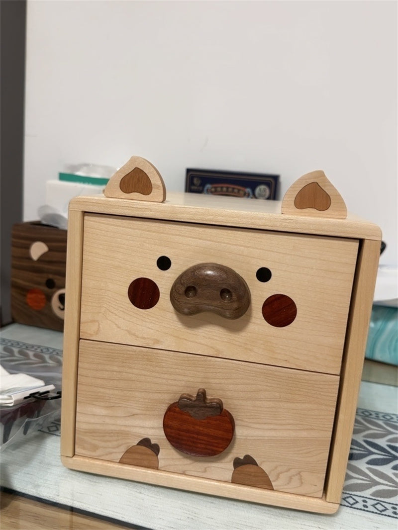 Happy Pig Wooden Desktop Organizer - for Office Supplies, Makeup, Small Items